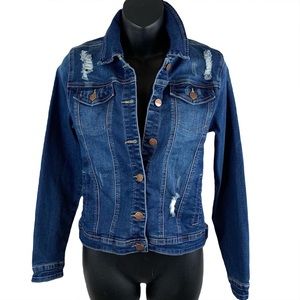 Skinny Fries distressed stretch blue denim jean jacket, size s